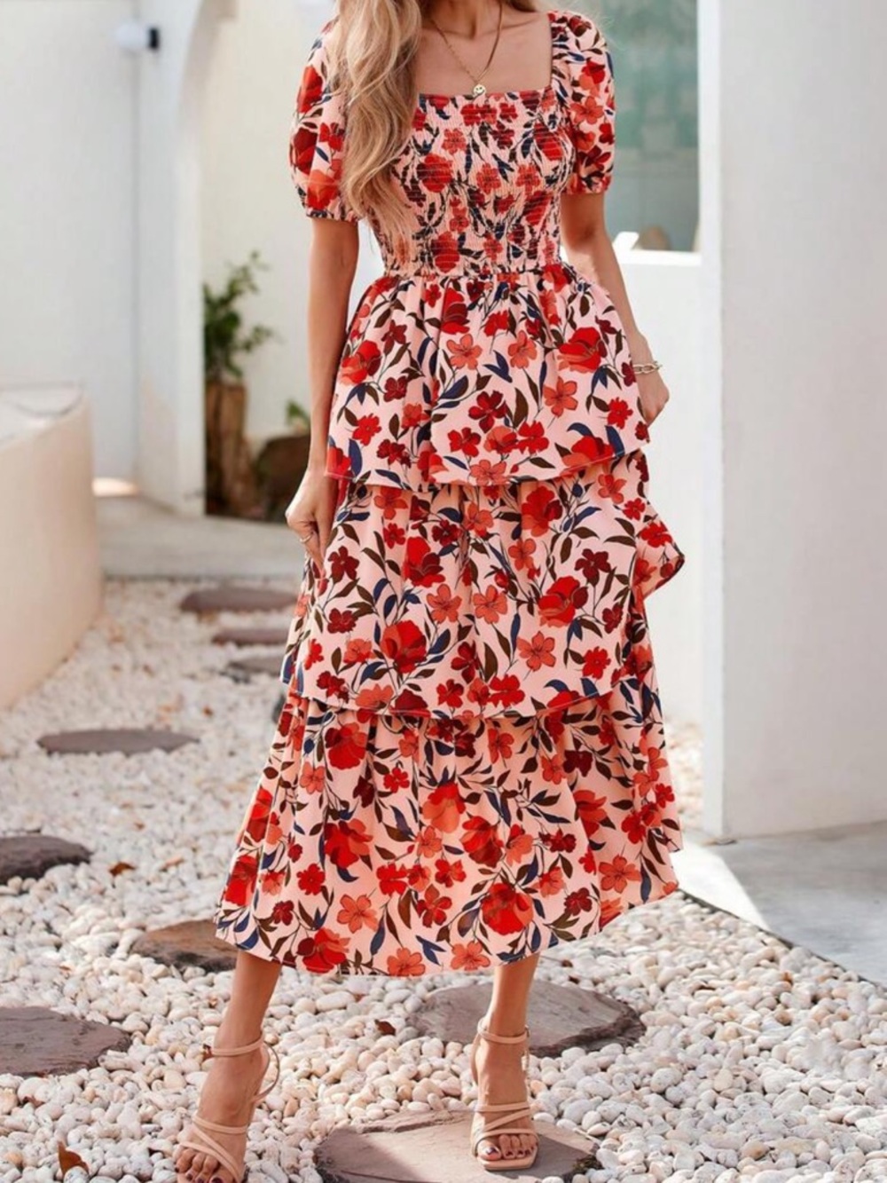 Orange  Floral Tiered Midi Dress